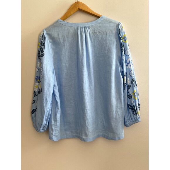 Charter Club Linen Tunic Button Up Blouse Womens M Blue Balloon Sleeve Floral - Picture 3 of 7